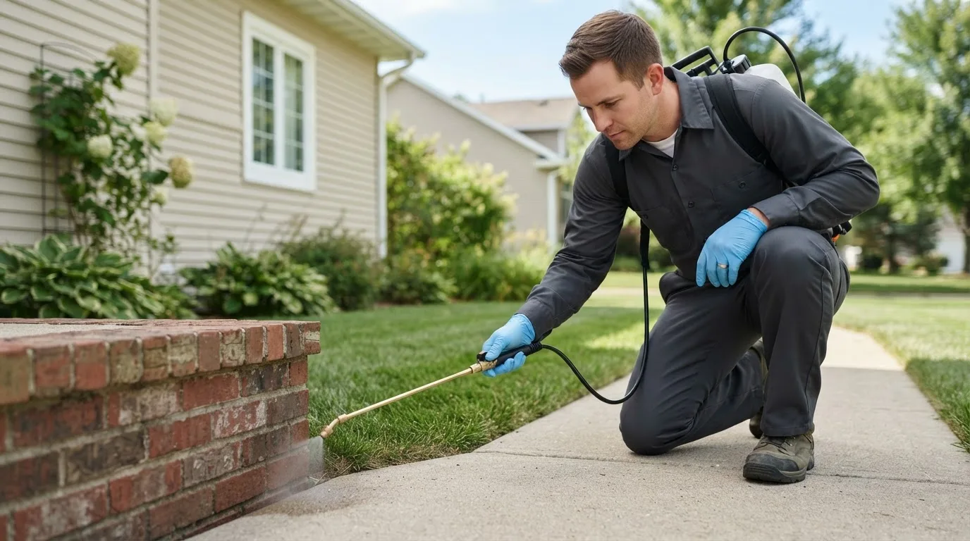Pest control technician treating a home near Guy, TX