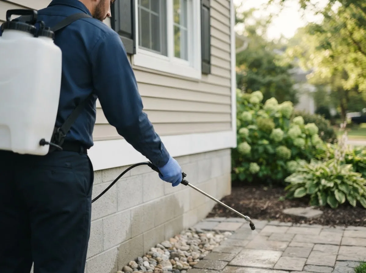 Pest control technician inspecting a home in Guy, TX
